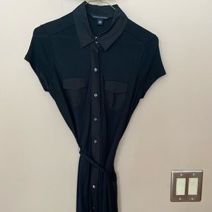 Banana Republic collared black silk button shirt dress with tie belt.
